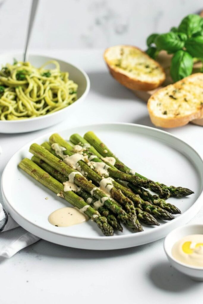 Asparagus roasted with garlic and served with creamy tahini sauce and pasta with garlic bread