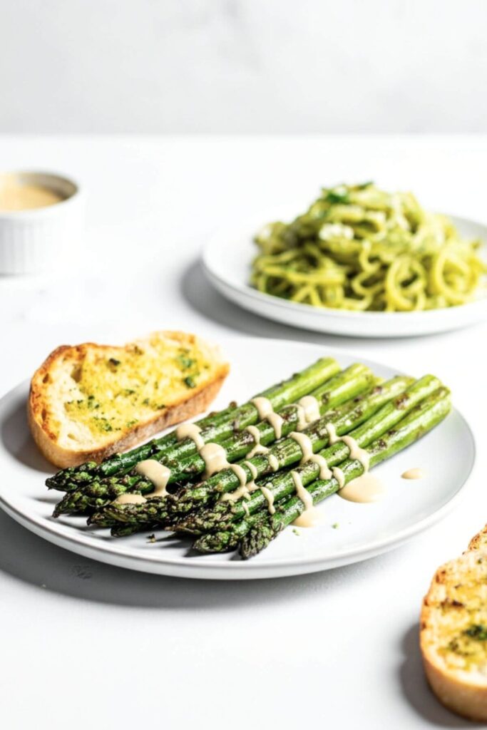 Asparagus roasted with garlic and served with creamy tahini sauce and pasta with garlic bread