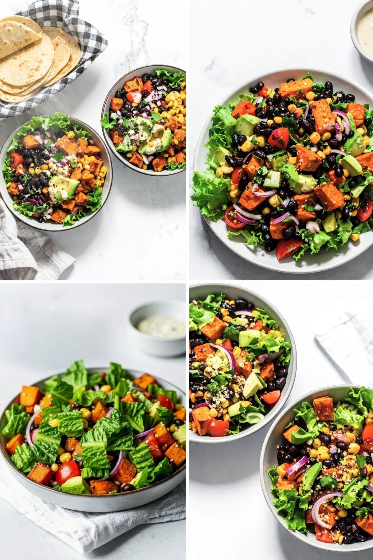 Collection of 4 photos of Roasted sweet potato and black bean salad with avocado