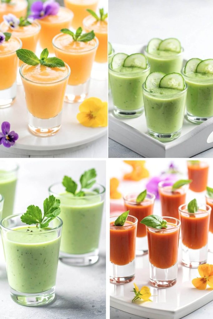 Four Soup Shooter Shot Glass Appetizers photos of Cantaloupe, Cucumber, Celery and Gazpacho Soups with garnishes
