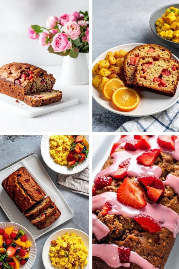 Collection of vegan banana strawberry bread serving ideas and loaf variations with fresh strawberries.