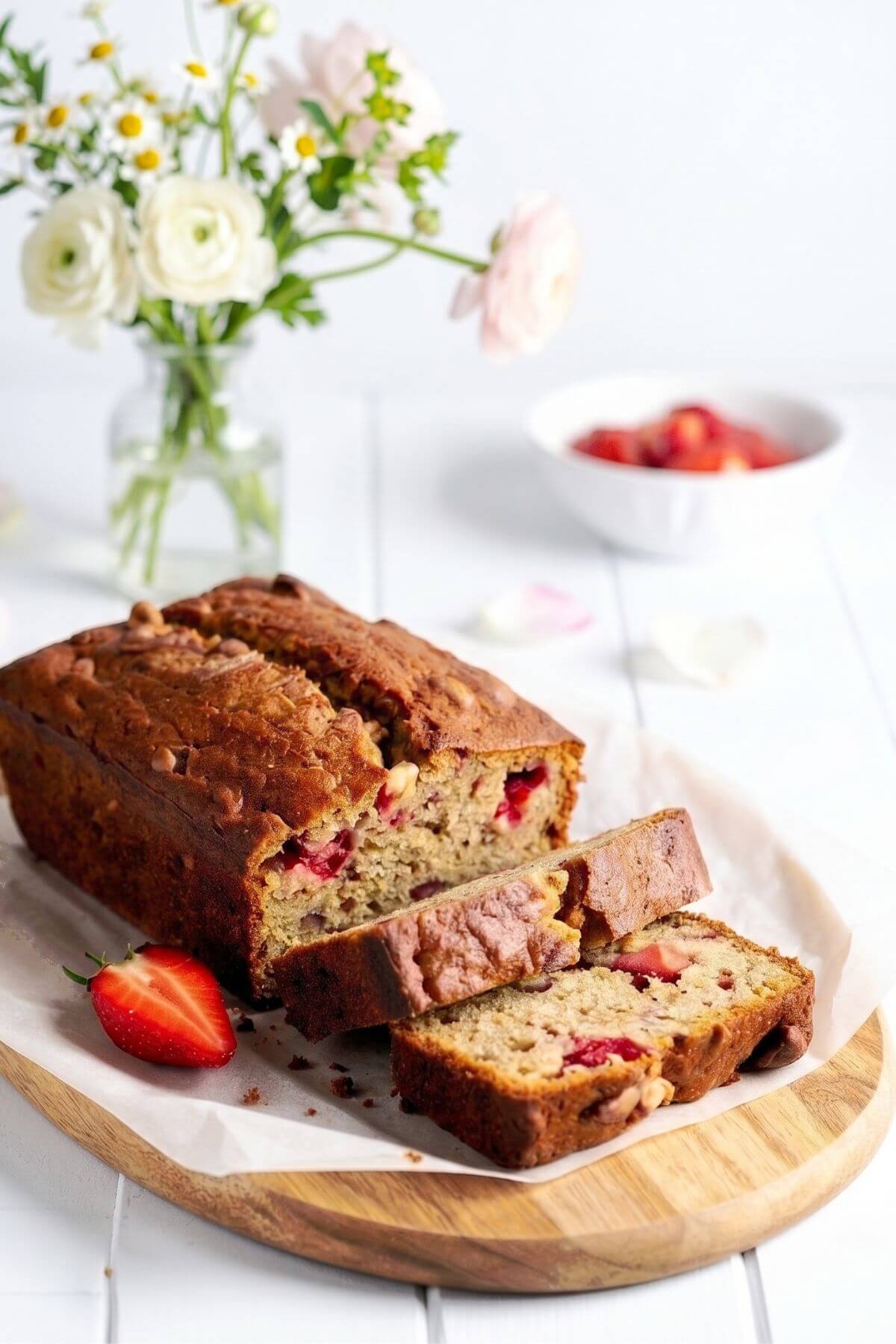 Homemade strawberry banana bread on a wooden board with fresh strawberries and white flowers.