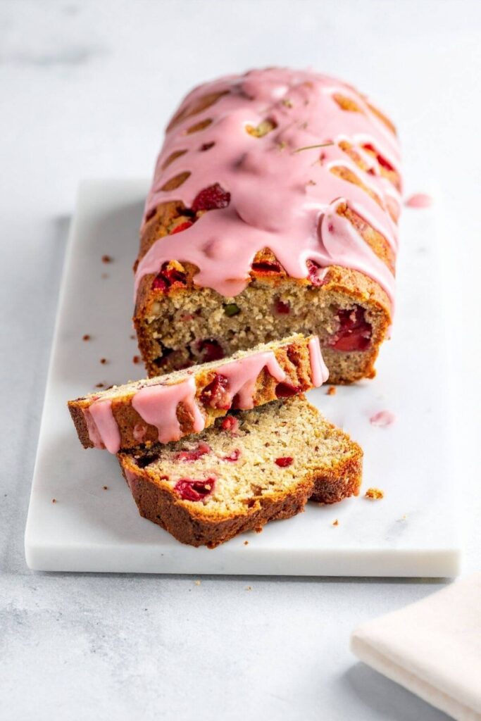 Vegan banana strawberry bread with pink strawberry glaze sliced on a white marble board.