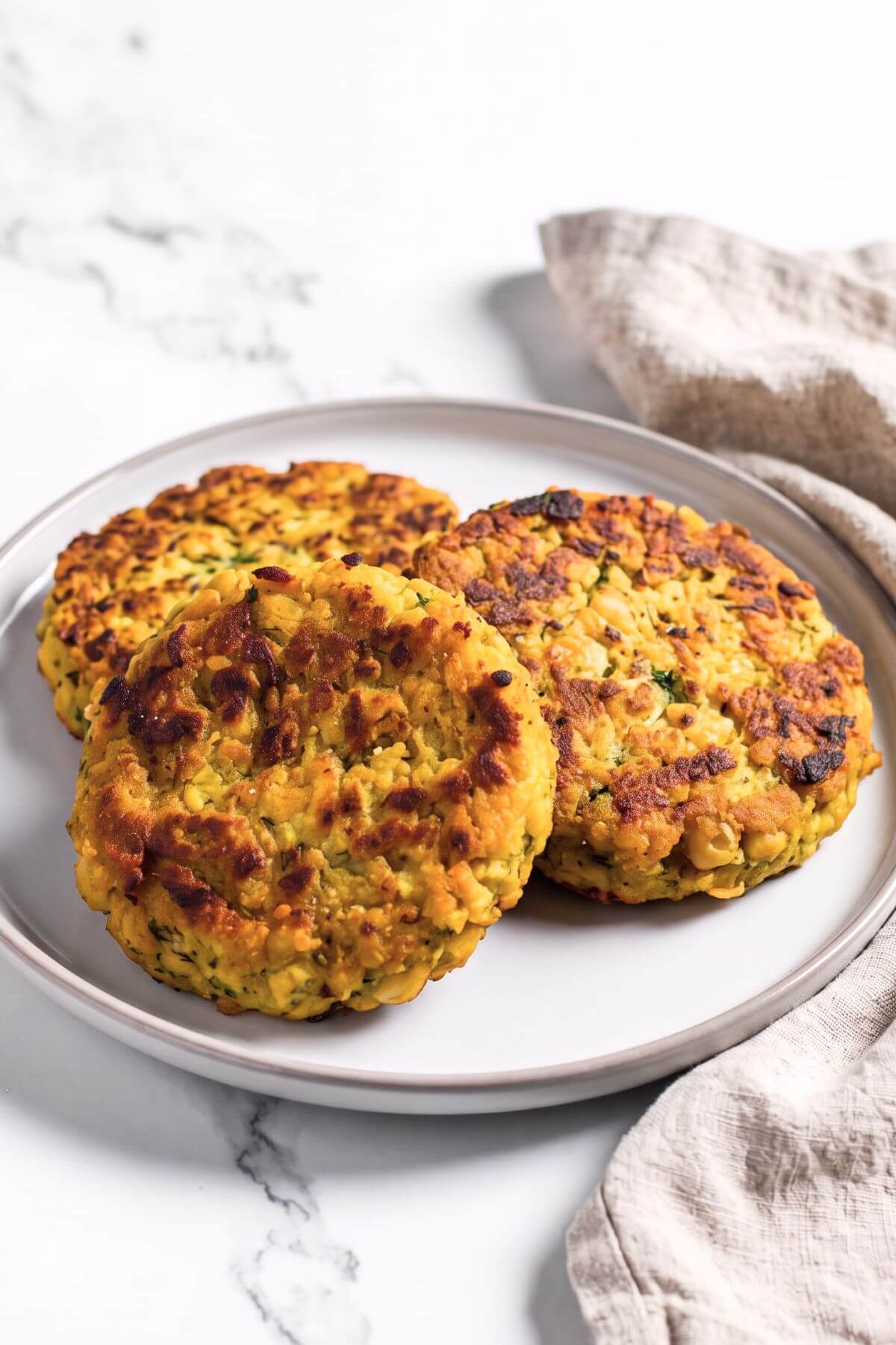 three vegan chickpea potato patties on a plate