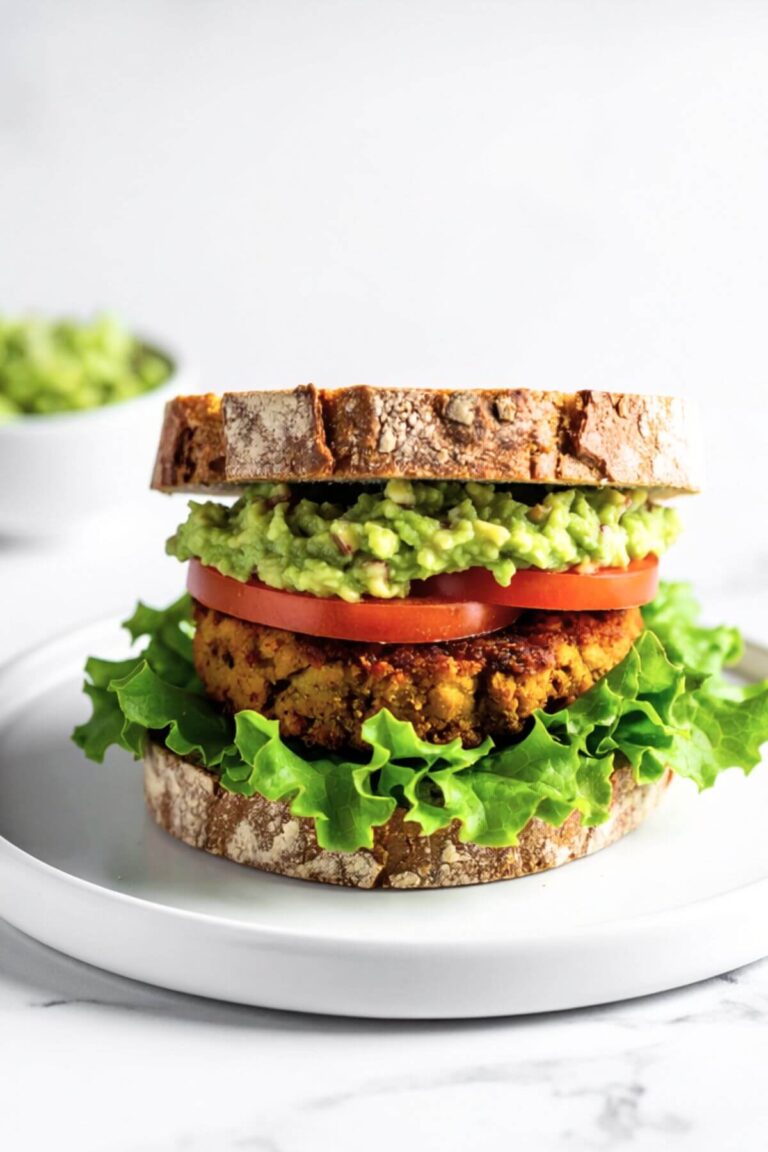 Vegan Chickpea Potato Patty sandwich with guacamole, lettuce and sliced tomatoes on toast